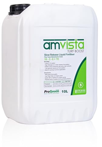 Amvista L5 Slow Release Liquid Lawn Fertiliser, 18-3-6 NPK, Spring & Summer | 10L, covers 4000m2 or one acre, for Grass, All Season Turf Care, High Nitrogen, Slow Release