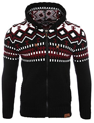 Reslad Herren Grobstrick Norweger Winter Strickjacke mit Kapuze RS-3104 Schwarz L