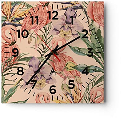 Modern Wanduhr Flamingos Pflanzen Vogel exotisch 40x40cm Quadrat Groß Wand Uhr Glas Analog Zimmeruhren Küche Büro Wohnzimmer Glasuhr Wall Clock Dekoration Design Küchenuhr C4AC40x40-2929