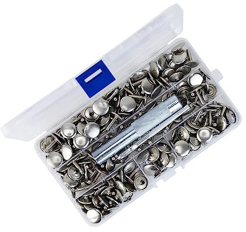 Trimming Shop 10mm Rivets Double Capuchon Argent,Lot de 100 Pièces,Boutons Pression avec 3 Pièces Fixation Outil à Main Kit pour le Cuir Loisirs Créatifs,Tissu Réparation,Inoxydable,Fabriqué en Laiton