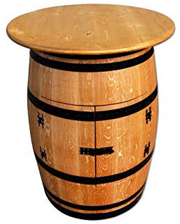 Temesso Weinfass als Weinregal Weinschrank Bar - geölt und Schwarze Ringe (Mit Tischplatte D 80 cm Eichenlasur)