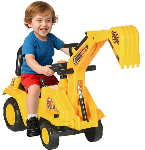 HOMCOM Ride On Excavator Pull Cart, Kids Digger Ride on Truck with Horn, Under Seat Storage, Sit and Scoot Pretend Play Toy Construction Car for Ages 18-48 Months