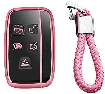 M.JVisun Soft TPU Case Cover Protector Case for Land Rover, Car Remote Key Fob Case for Land Rover Discovery 4/Sport Freelander 2 for Range Rover Evoque/Sport/Velar - Glossy Pink - Braided Keychain