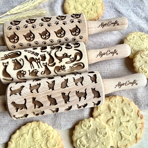 Prägung Nudelhölzer KATZEN 3-er SET Kinder Teigrolle für hausgemachtes Gebäck. Nudelholz mit muster von Algis Crafts
