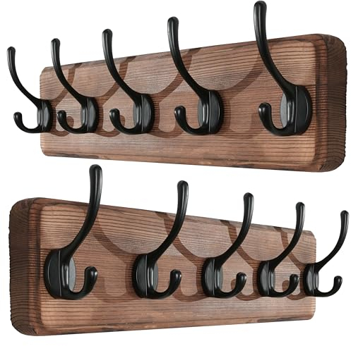 SKOLOO Garderobenleiste Holz Braun(2 Stück), 44 cm langer, hölzerner Kleiderhaken Wand, Rustikaler Stil, Stabil garderobenhaken mit 5 Haken