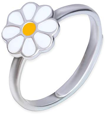 CLEVER SCHMUCK Gänseblümchen Mädchen Ring glänzend poliert Blüte weiß und gelb lackiert 925 Sterling Silber universell einstellbare Größe für Kinder im Etui rosa