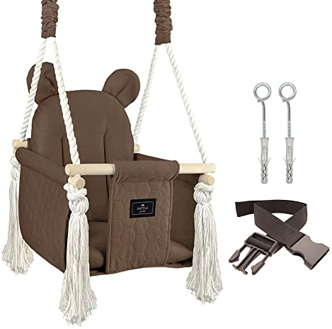 NATILU® Columpio Infantil Bear Quilted Cacao | Columpio de Madera para niños | Columpio de Oso producido en la Unión Europea