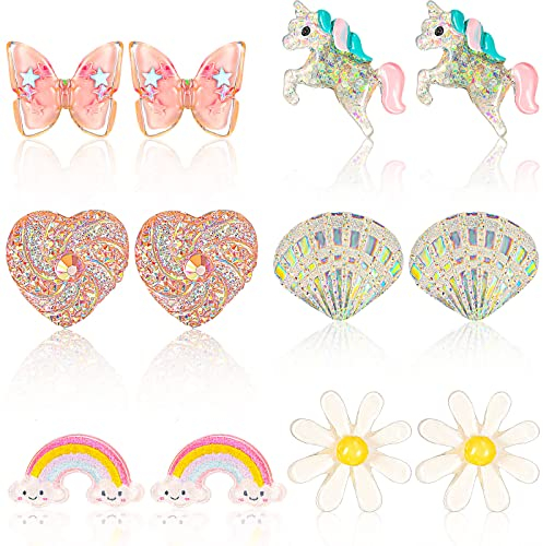 6 Paare Ohrclips für Mädchen Clip Ohrring Kinder Keine Durchbohrten Prinzessin Spielen Ohrringe Einhorn Blume Herz Verkleiden sich Schmuck Kinder Weihnachten Geschenk (Lieblicher Stil)