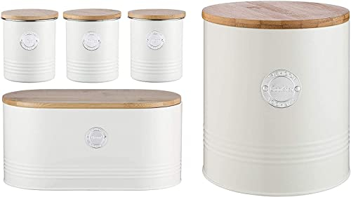 5pc Kitchen Storage Set with Airtight Bamboo Lid - Tea Coffee Sugar Biscuit Cookie Barrel Canister Jar & Stylish Bread Bin – Embossed Design Gloss Finish Cream/Ivory - Stainless Steel Metal Non-Rust