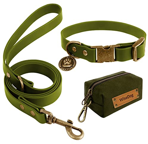 Wisedog Hundehalsband und Leine Set Combo: Einstellbare langlebige Haustier Halsbänder mit Hundeleinen für kleine mittlere große Hunde, enthält einen Bonus von Poop Bag Holder (L, Olivgrün)