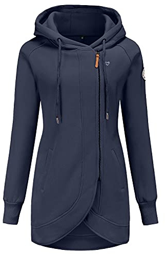 ELFIN Damen Lange Kapuzenpullover Zipper Hoodie Herbst Winter Pulli Sweatjacke mit Reißverschluss