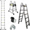 Escalera telescópica de Aluminio 3.8m/1.9+1.9m, 13 Peldaños, Plegable, Extensible, Fácil de Transportar, para Constructores de Bricolaje, Interiores y Exteriores