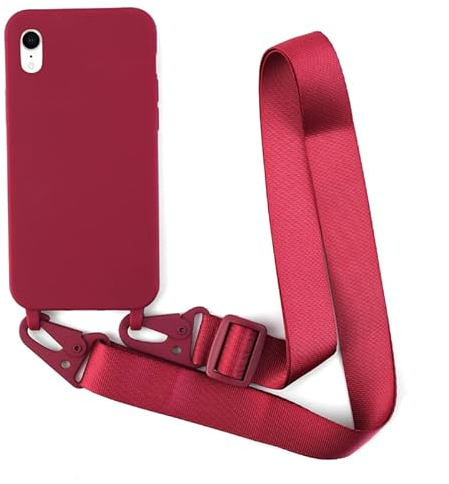Leather Armor Handykette Hülle für iPhone XR mit Band Halsband Lanyard (abnehmbar) Handyhülle,Handyhülle mit Verstellbarer Lanyard,Stoßfest Silikonhülle Handykette Handyhülle .-Rot