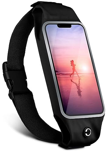 moex Laufgürtel Handy für Apple iPhone 14 Pro Max Lauftasche Jogging Tasche Wasserfest, Slim Running Belt Flexibel mit Sichtfenster, Laufgurt zum Joggen Bauchtasche Sport, Schwarz