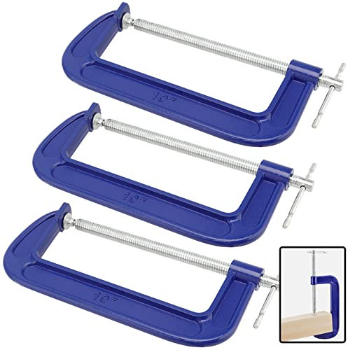 KEILEOHO 3 PCS 10 Inch C Clamps, Malleable Iron C-clamp, Heavy-Duty C-Clamp G Clamps with T Sliding Bar, Large C Clamps for Metalworking, Woodworking, Blue