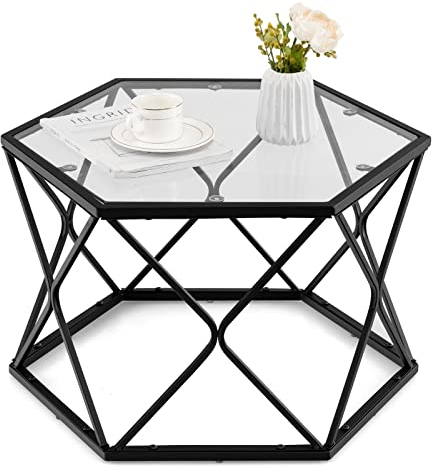 CASART Hexagonal Coffee Tables, Metal Frame Sofa Tea Table with Tempered Glass Top, Modern Accent End Tables for Living Room Bedroom Office(65 x 56 x 40cm)