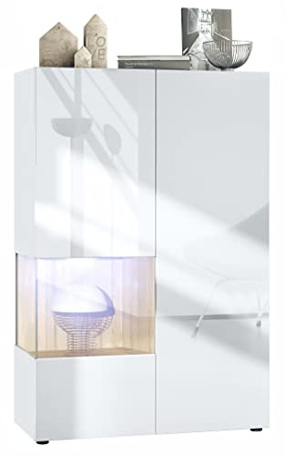 Vladon Vitrine Morena V2, Made in Germany, Standvitrine mit 2 Türen und Glaseinsatz, Korpus Weiß matt, Fronten Weiß Hochglanz, Cube Eiche Natur inkl. LED-Beleuchtung Weiß (91,5 x 136,5 x 37 cm)