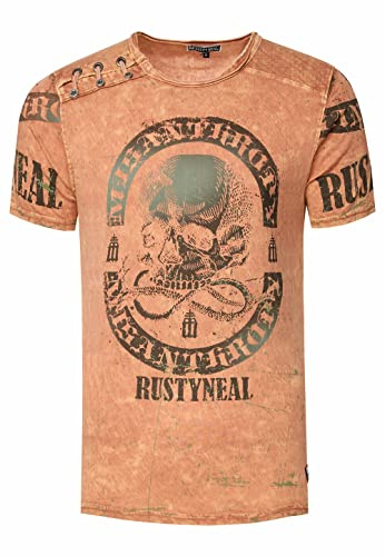 T-Shirt Herren Schwarz Blau Rot Camel Verwaschen Regular Fit S M L XL 2XL 3XL mit Asymmetrisch Knopfleiste All Over Skull Print Street-Wear Shirt 292, Farbe:Camel, Größe S-3XL:M