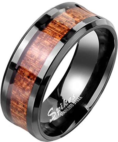 Mianova Band Ring Edelstahl Fingerring Holz Inlay Holzmaserung Herrenring Damenring Partnerring Ehering Damen Herren Größe 54 (17.2) | Schwarz