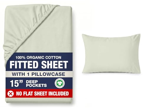 LANE LINEN Small Double 4 Ft. Size Fitted Sheet – 100% Organic Cotton, 4ft with 2 Pillow Covers, 35cm Deep Pocket, All-Round Elastic Bottom Sheet - Mineral