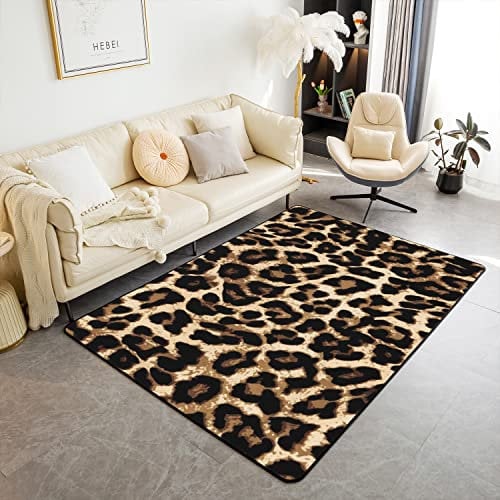 Leopard Print Area Rug 160Bx220L, Black Brown Cheetah Leopard Print Bedside Carpet for Young Girls Boys Women Man, Africa Wild Animal Theme Non Slip Washable Decorative Rug for Indoor Outdoor