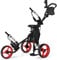 GYMAX Golf Push Trolley klappbar, 3-Rad Golfwagen mit Sitz & Verstellbarer Griff, Golftrolley, Golfcaddy, Golf Push Cart inkl. Scoreboard, Flaschehalter, Schirmhalter & Aufbewahrungstasche (Rot)