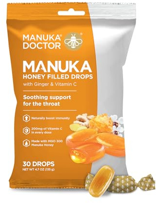 Manuka Doctor Cough Drops, Manuka Middles, 30 Drops (Pack of 1) Throat Lozenges Infused with Raw Manuka Honey, Vitamin C & Ginger for Immune Support, Helps Soothe Sore Throat