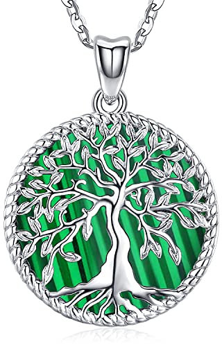 Collana Albero della Vita, Ciondolo Albero della Vita Malachite in Argento Sterling 925, Collier Gioielli Hypoallergénique Regali per Sorelle Mamma Figlia
