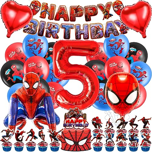 Geburtstagsdeko 5 Jahre, 3D Spider Luftballon Kindergeburtstag Deko Geburtstag, Kinder Party Deko, Tortendeko, Happy Birthday Banner für Jungen, Mädchen, Kinder, Thema Party