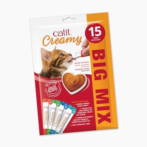 Catit Creamy Variety Pack Lickable Cat Treats for Cats and Kittens, Cat Treat Licky Snack, Grain-Free Lick Treat, 15 x 10g Multipack