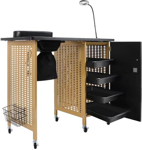 Kalolary Maniküre Nageltisch, Mobile Nagelstation mit Nagelstaubsammler,4 Schubladen, LED-Lampen, Handballenauflage für Heimtechniker, Spa, Schönheitssalon, Arbeitsplatz (Schwarzes Gold)