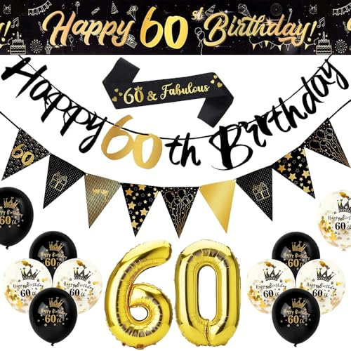 Black Gold Happy 60th Birthday Kit - Banner, Balloons, Strap & Party Supplies