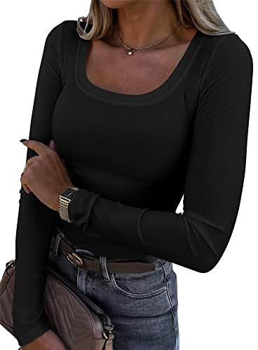 Smile Fish Womens Long Sleeve Scoop Neck Ribbed Knit Fitted Casual Tops Tee Slim Basic Shirts, Black M