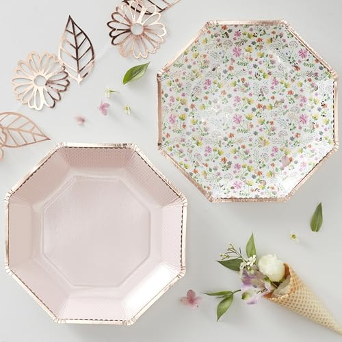 Ginger Ray Ditsy Floral Rose Gold Foiled Paper Party Plates Tableware 8 Pack