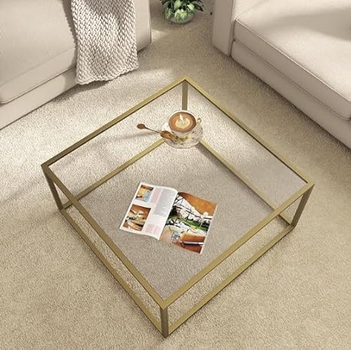 SAYGOER Mesa de Centro Dorada Moderna de Cristal para Espacios pequeños, Mesa Central Cuadrada Simple para Sala de Estar, Oficina en casa, 68 x 68 x 45 cm, fácil Montaje