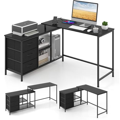 COSTWAY L-Shaped Computer Desk, Convertible Study Writing Workstation with Drawer, Shelves & Charging Station, Large Long Corner Home Office Desk Wooden PC Laptop Gaming Table (Black)