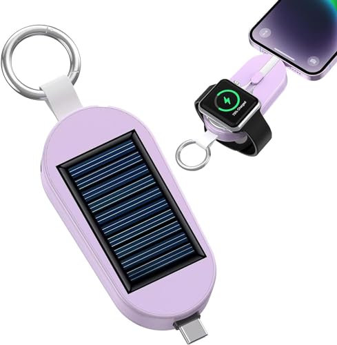 Solar Powerbank Solar Schlüsselanhänger Handy Ladegerät, 3000 MAh Tragbare Mobile Mit Eingebautem Typ C Kabel, Outdoor Wasserfester Externer Akku Für Reisen Im Freien, Camping (lila)