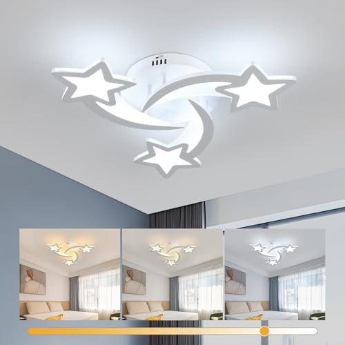 Dorlink 3 Star LED Ceiling Light, Kids Bedroom Ceiling Light 24W 2160LM, Children's Lighting Fixture, 3 Colors Dimmable (3000K/4000K/6500K), Acrylic Art Deco Chandelier for Kids Room, Living Room