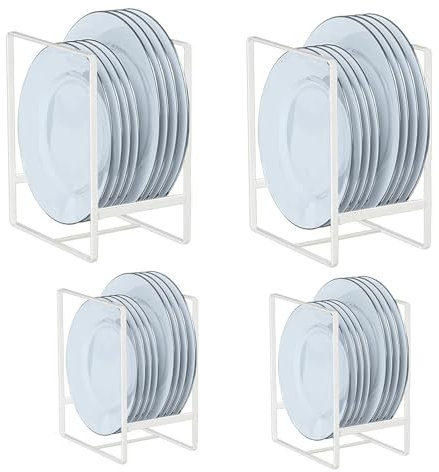 TUAKIMCE 4 Pack Plate Storage Rack, Plate Holders Organizers, Vertical Plate Dish Organizers Drying Racks Drainer, Cabinet Dish Drying Rack Metal Stands for Countertop and Cupboard White