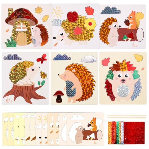 TGFIX 12 Stück Igel Bastelsets für Kinder Herbst Folienspaß Basteln Igel Kreative Kunsthandwerk Herbst Igel Transferfolie Bastelhandwerk mit Folien Geschenk für Jungen Mädchen 3-10 Jahre
