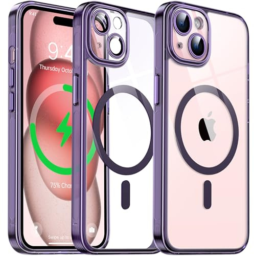 Flyzoo Magnetisch Hybrid Clear Hülle für iPhone 15 - [Kompatibel mit MagSafe] [Eingebaute Kameraschutz Folie] Hart Durchsichtig Handyhülle Stoßfeste Transparente mit Silikon Schutzhülle, Lila
