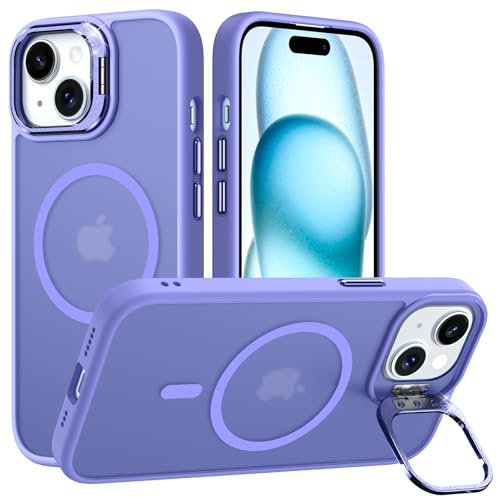 Buoluozy Cover per iPhone 15 6.1 Pollici Compatibile con MagSafe, Supporto per Fotocamera Regolabile Incorporato, Case Protettiva Magnetica Antiurto, Custodia Sottile Traslucida Opaca, Viola Chiaro