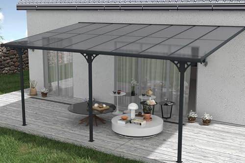 Cazeboo Pergola/Carport Aluminium, Abri de Voiture KLEO, 500 x 300 cm, Gris, Pergola adossée, 15m², Toit Polycarbonate