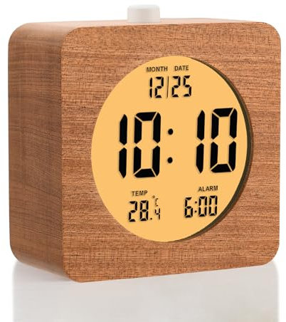 Plumeet Holz Digitalwecker, 10cm Batteriebetriebener Wecker mit Schlummer und Nachtlicht, Elektronische LCD Tischuhr mit Zeit, Datums, Tempe, 12/24 Stunden-Anzeige, Holzdekor, Quadratisch, Sapeli