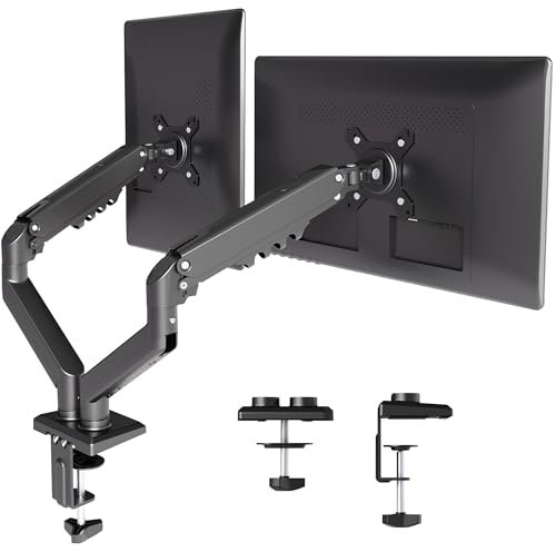 Claiks Dual Monitor Arm Desk Mount for 19 to 32 Inch Screens, Ergonomic Gas Monitor Arm Spring up to 9kg, VESA 75/100mm Stand Clamp, Height Adjustable Screen Arm with Tilt Swivel Rotation, Black
