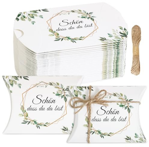 BOFUNX 50 Stück Schön Dass Du Da Bist Gastgeschenke Geschenkboxen Taufe Kommunion Konfirmation Gastgeschenk Box Hochzeit Geschenkboxen Kissenschachtel für Süßigkeiten Schokolade Kekse