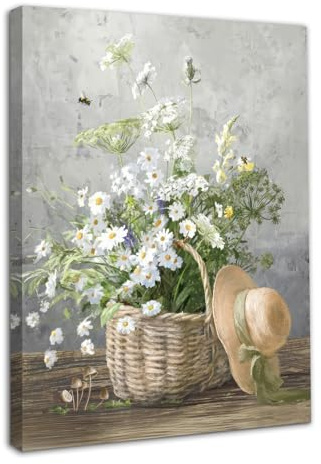 Dazzlewall Gerahmte Daisy Flower Wall Art Decor Rustic Floral Prints, Farmhouse Botanical Canvas Wall Art for Bathroom Living Room Decor 12x16 in