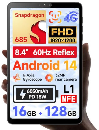 BNCF 8,4 Zoll Snapdragon 685 Android 14 Tablet, FHD IPS 1920x1200 Auflösung 60Hz Reflex Bpad mini mit Widevine L1, 16GB+128GB (1TB TF), 5MP+32MP Kamera, 4G LTE, 2.4G/5G WiFi, BT5.0, GPS, 6050mAh