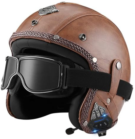 Casques Jet De Moto Casques Cuir Vintage ECE/Dot Homologué Bluetooth Casque Face Ouverte À L'allemande Demi Casque De Moto avec Lunettes Casque Moto Bols pour Femme Homme 5,L:59-60CM