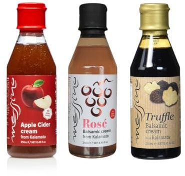 Messino Greek Balsamic Creams Set – Apple Cider, Truffle & Rosé, 3 x 250ml | Artisan Mediterranean Vinegars from Messinia | Naturally Flavored, Gourmet Dressings for Salads, Meat & Pasta